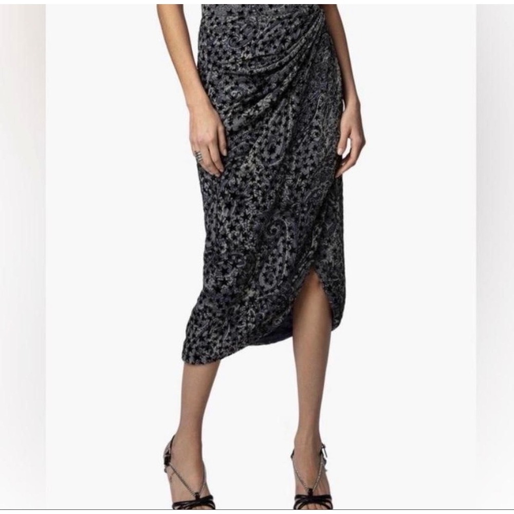 Zadig & Voltaire Jamelia Burnout Stars Midi Skirt 38 Grey Black Paisley Wrap